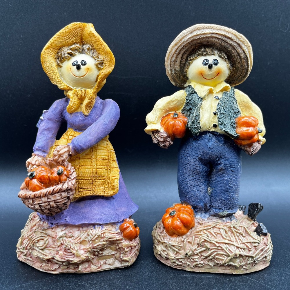 K's Collection Scarecrow-N-Straw Fall Harvest Resin Figurines Boy Girl Set 5"